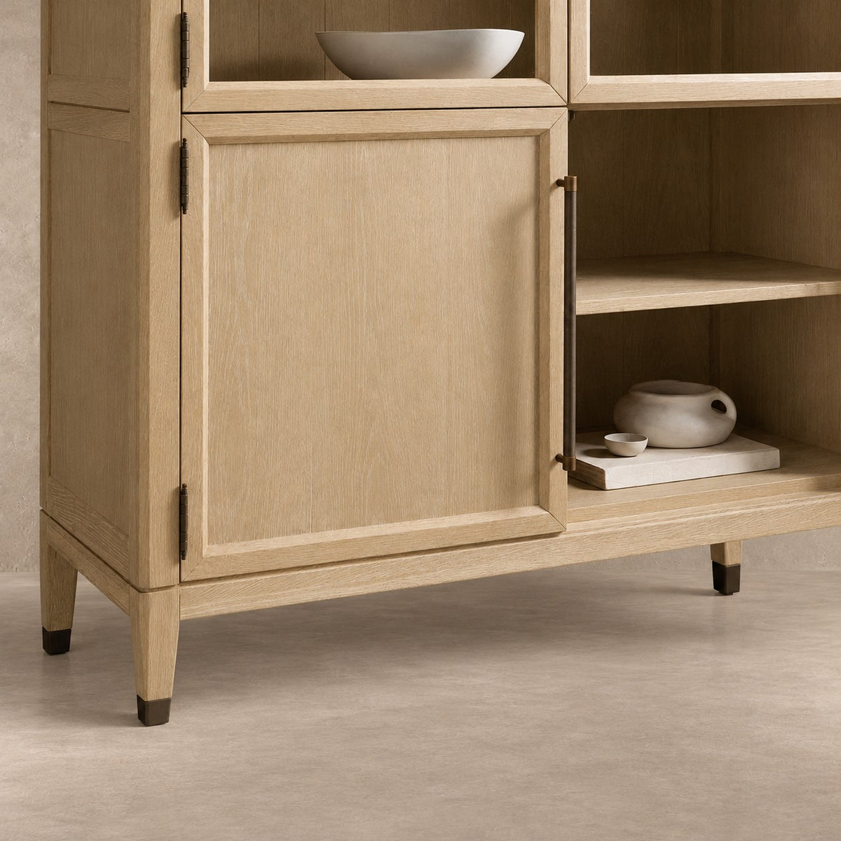 Tall Oak Display Cabinet with Glass Doors