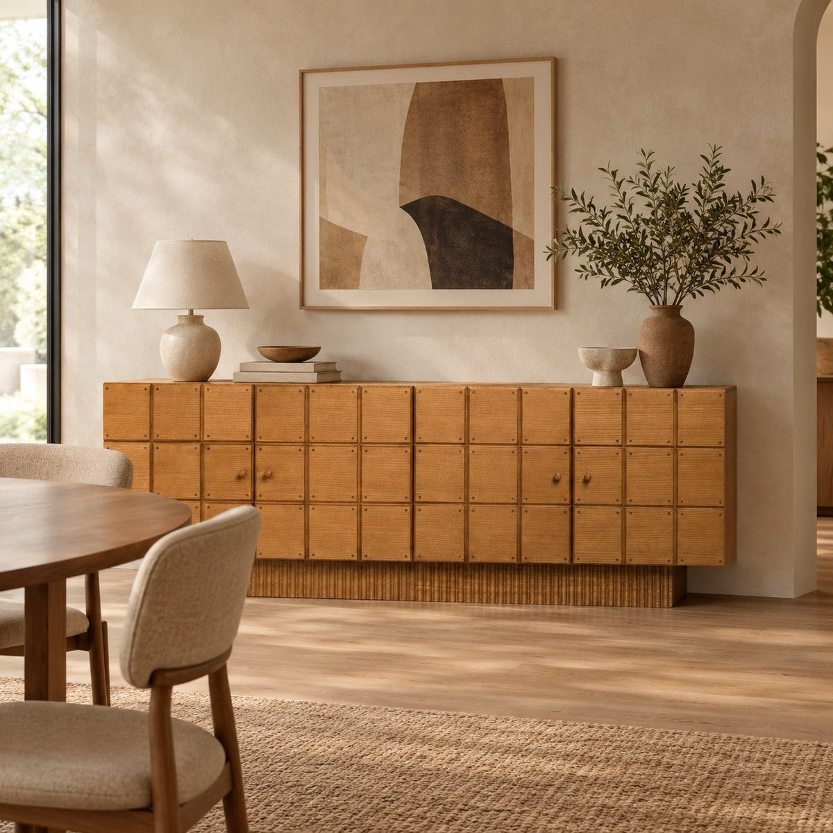 Artisanal Wood Storage Console with Fluted Geometric Plinth