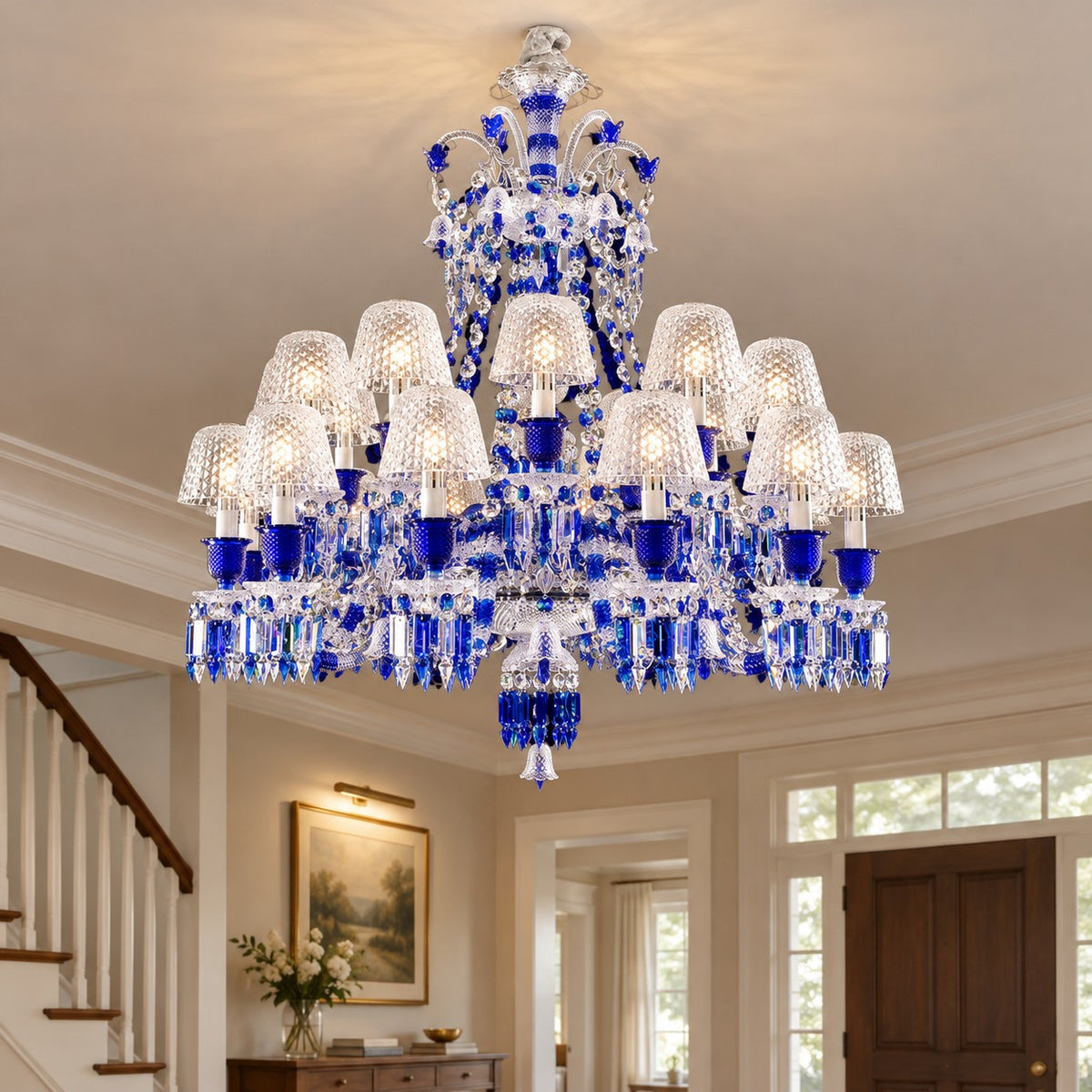 Luxury Vintage Blue Crystal Lampshade Chandelier for Living Room/Staircase/Foyer