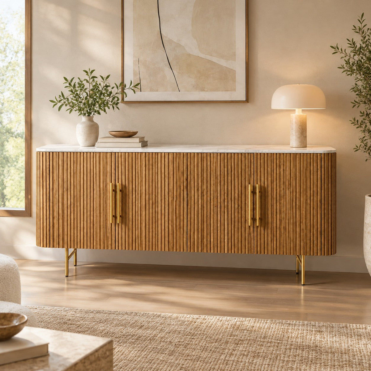 Reeded Wood and Stone Top Credenza