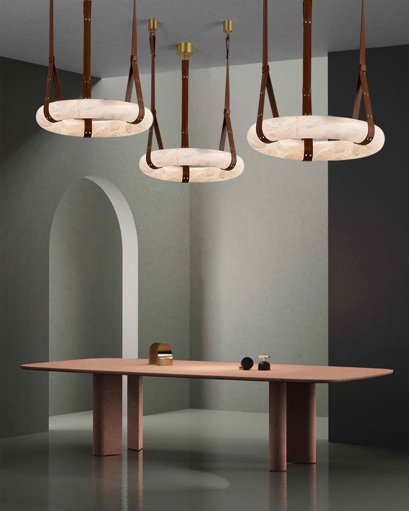 Oval Alabaster LED Large Pendant lamp with adjustable leather, Dia 16/24"