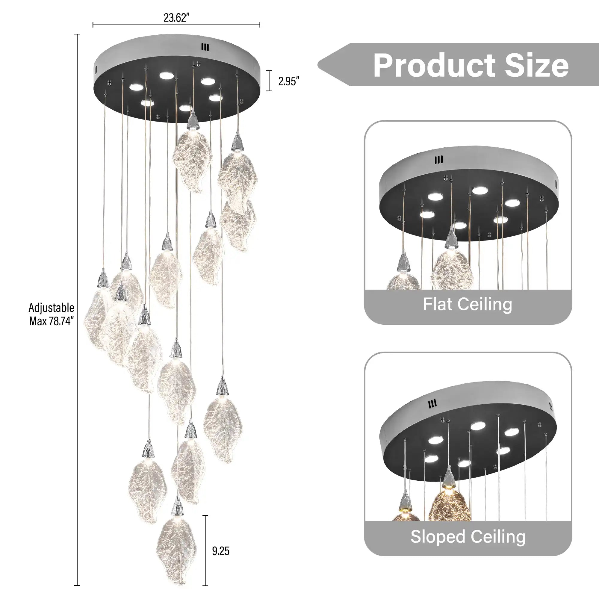 Silver Bionic Leaf 20-Light LED Chandelier for High Ceilings