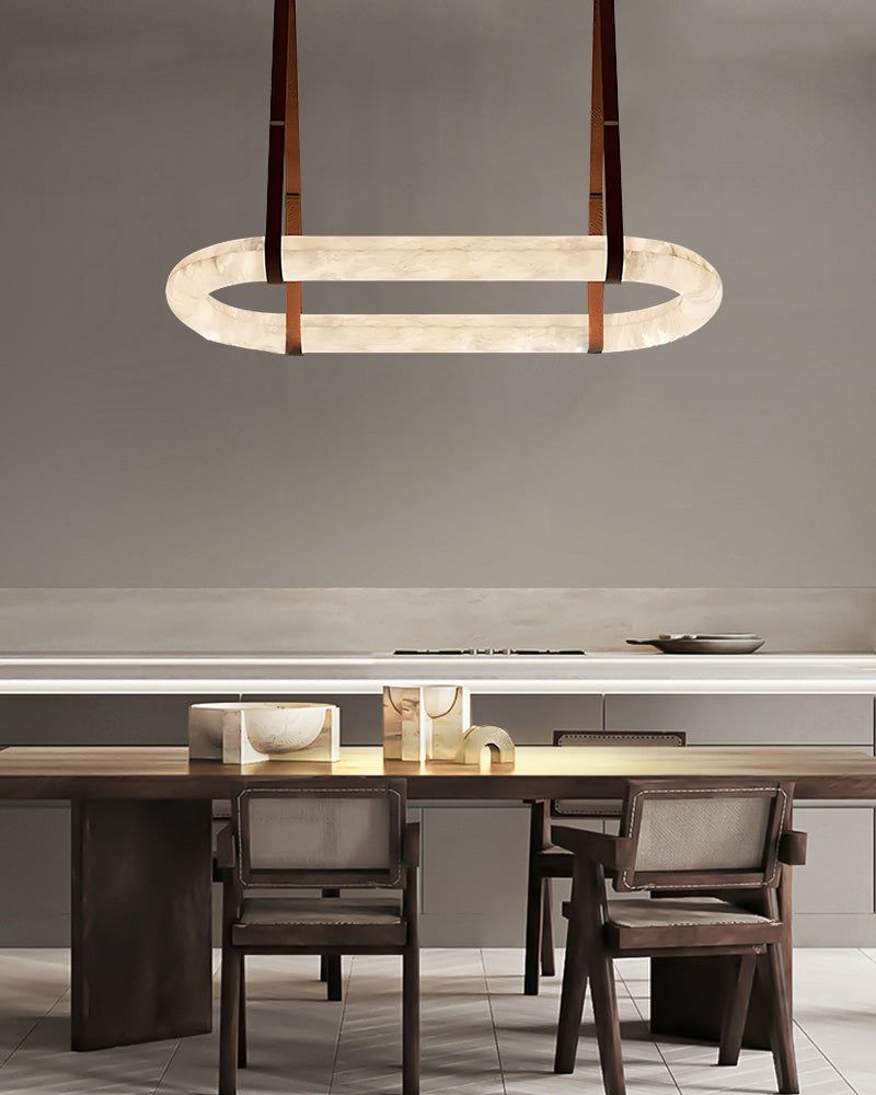 Oval Alabaster LED Large Pendant lamp with adjustable leather, Dia 16/24"