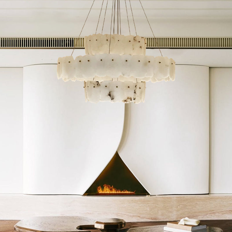 3-Tier Stairwell Alabaster Disk Chandelier with Long Cord
