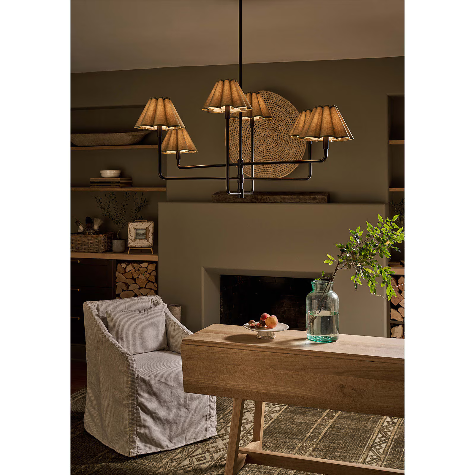 Polara green linen Chandelier(Blackened Brass)