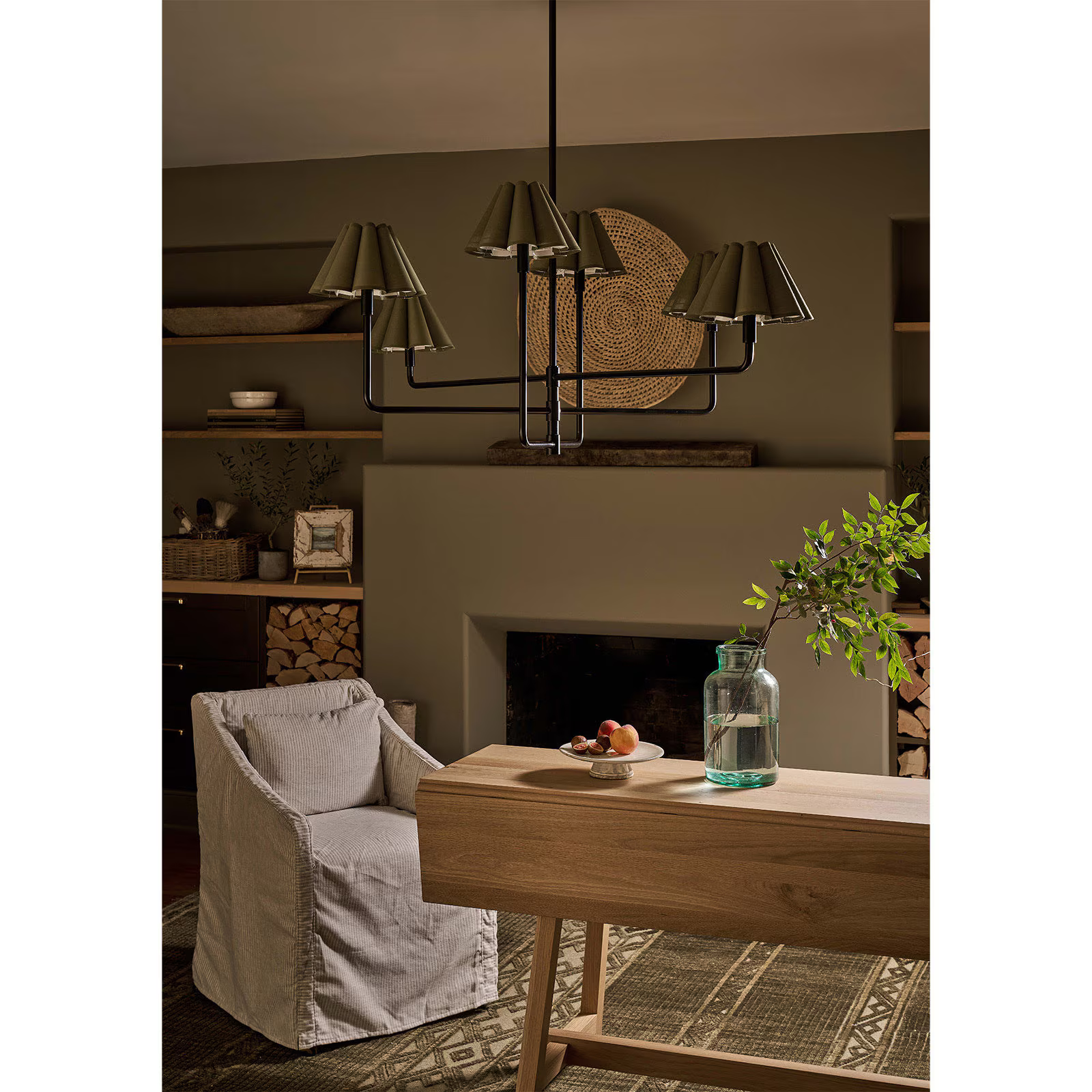 Polara green linen Chandelier(Blackened Brass)