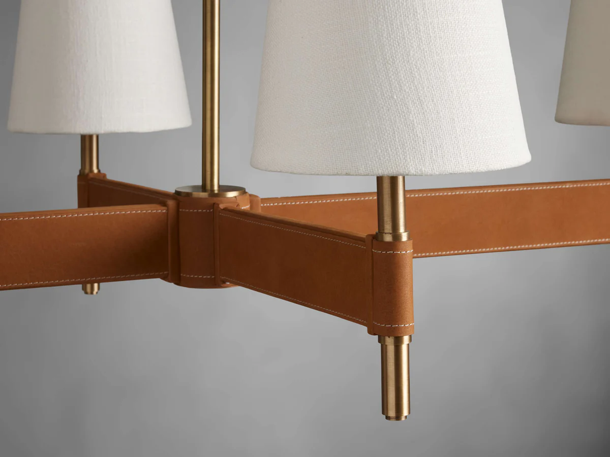 Hastings Linear Brass & Leather Mid-Century 6-10 Light Chandelier