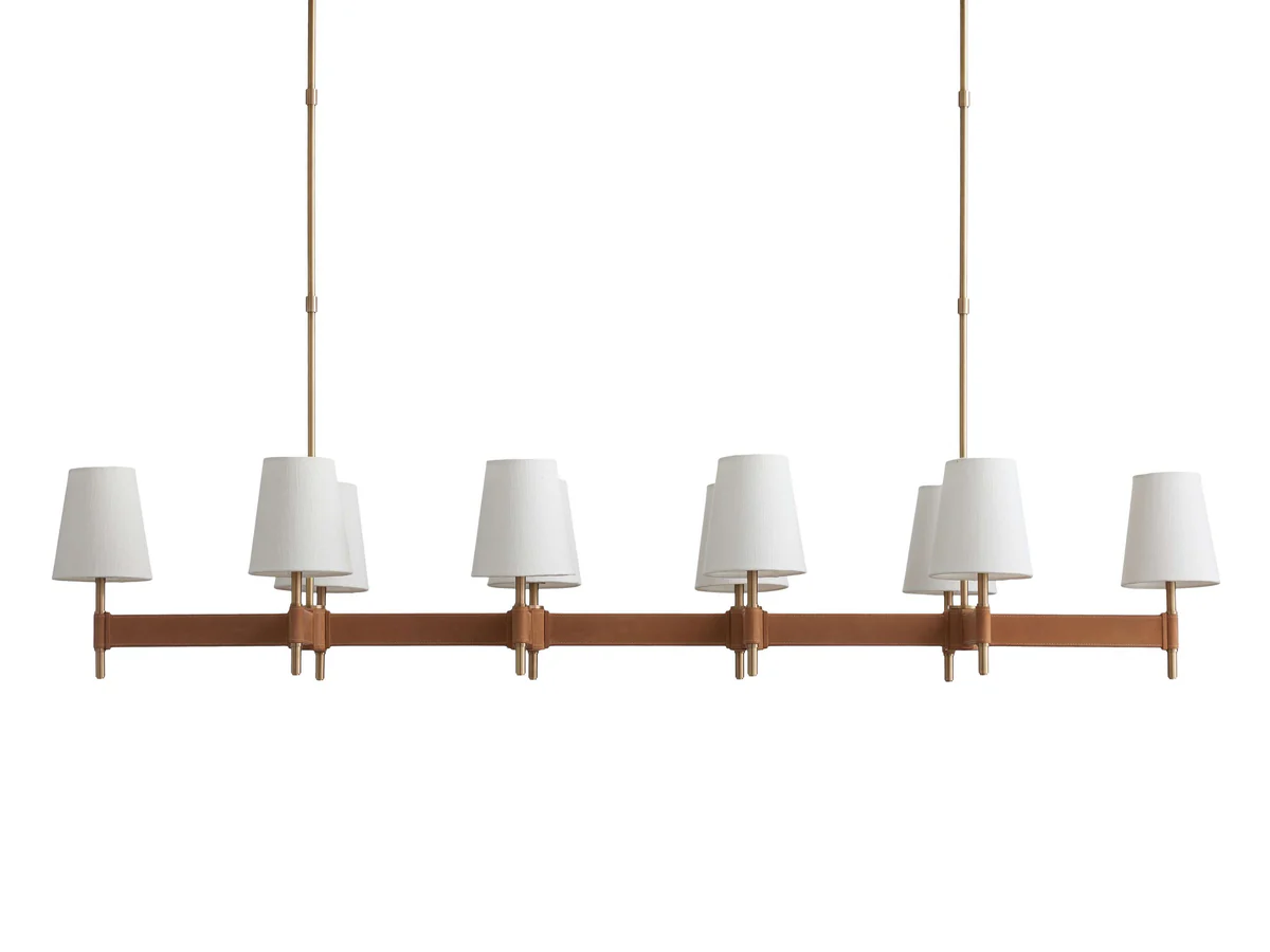 Hastings Linear Brass & Leather Mid-Century 6-10 Light Chandelier