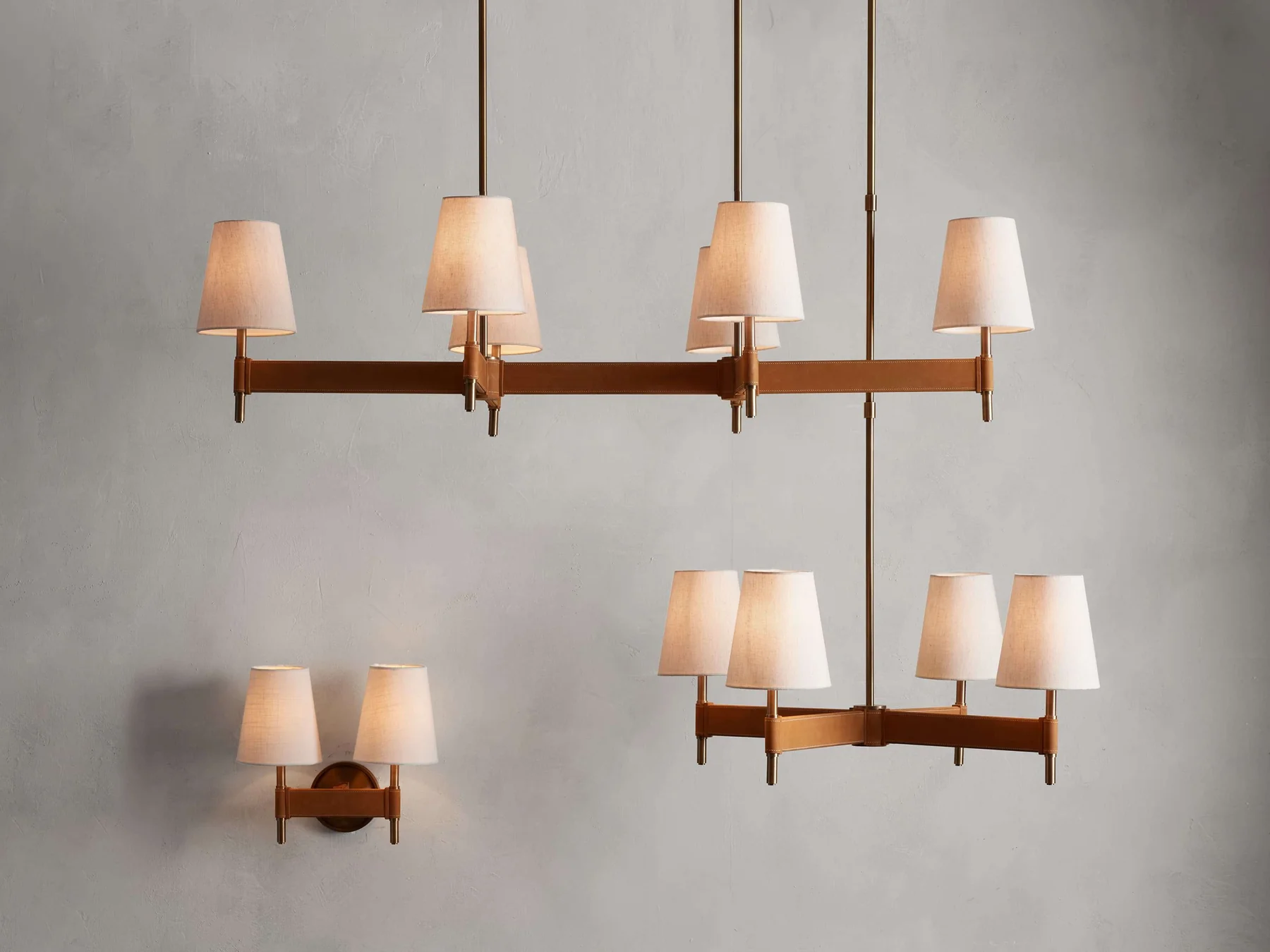 Hastings Linear Brass & Leather Mid-Century 6-10 Light Chandelier