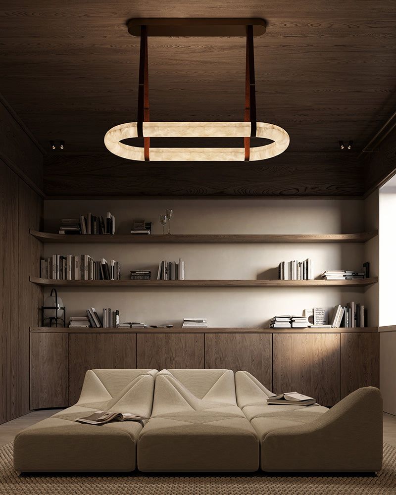 Oval Alabaster LED Large Pendant lamp with adjustable leather, Dia 16/24"