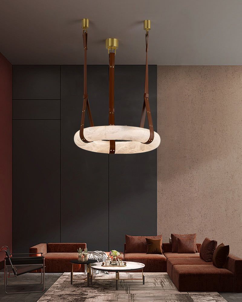 Oval Alabaster LED Large Pendant lamp with adjustable leather, Dia 16/24"