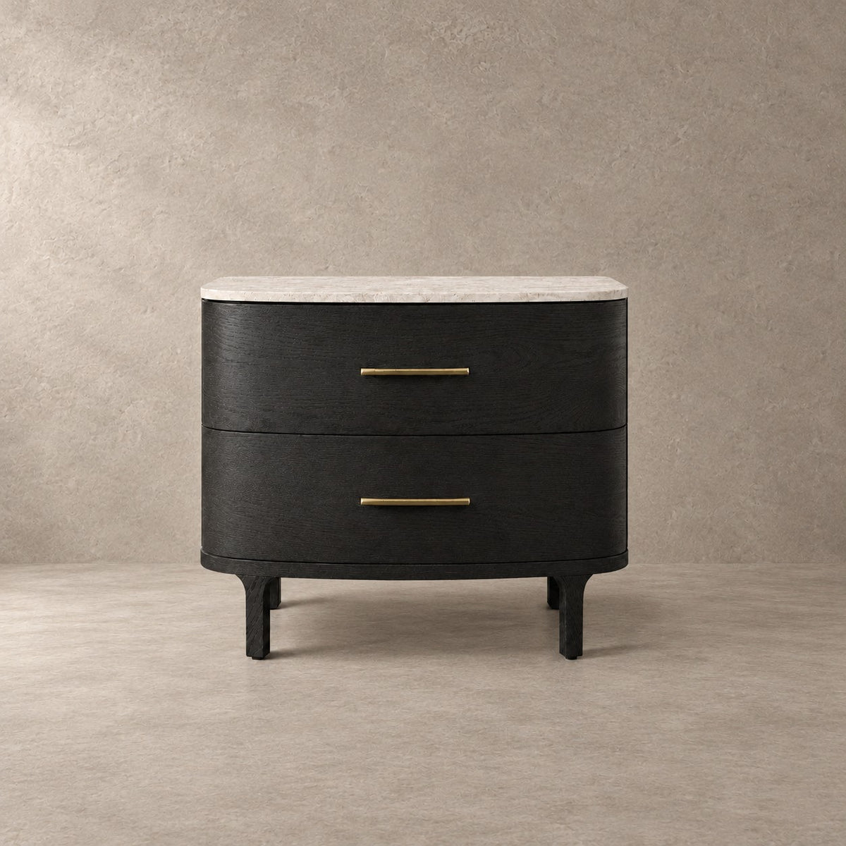 Two-Drawer Marble Top Bedside Table With Brass Pulls