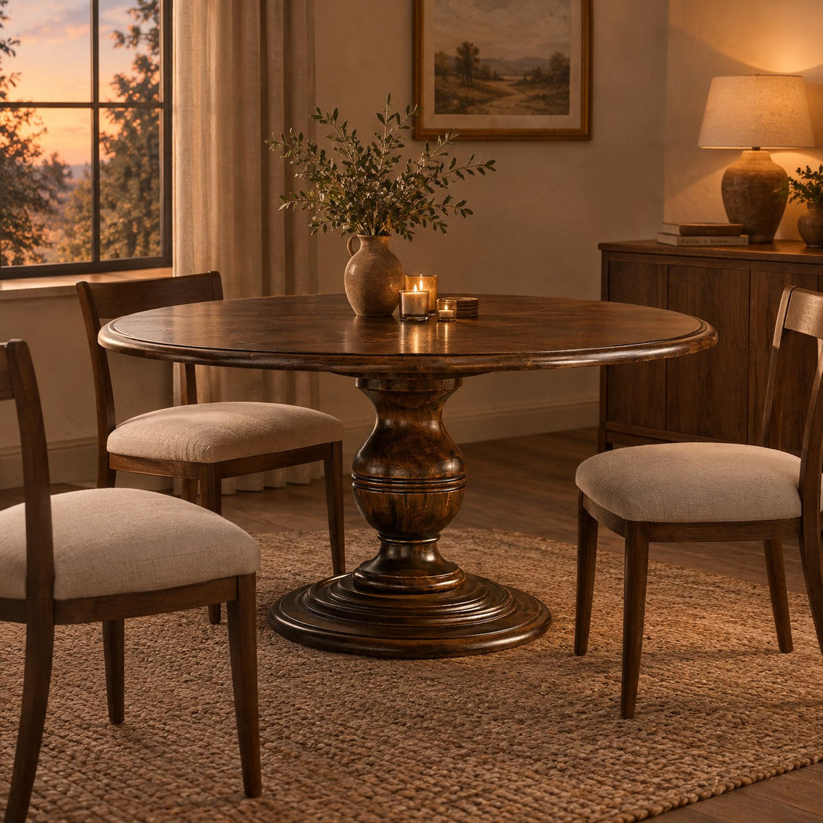 Round Dining Table in Hand-Carved Tulipwood