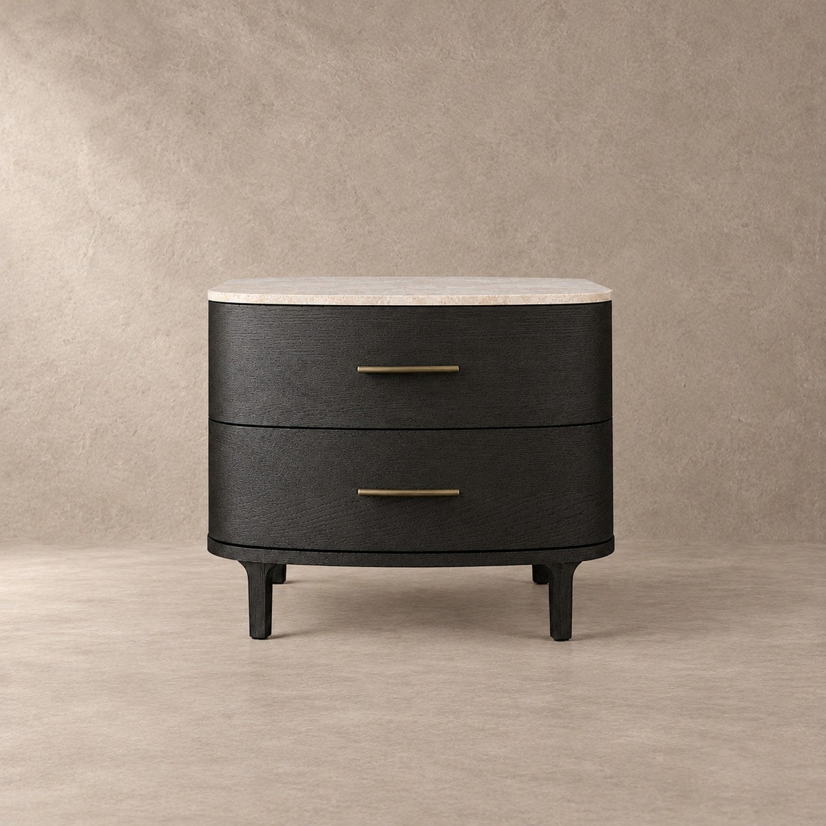 Two-Drawer Marble Top Bedside Table With Brass Pulls