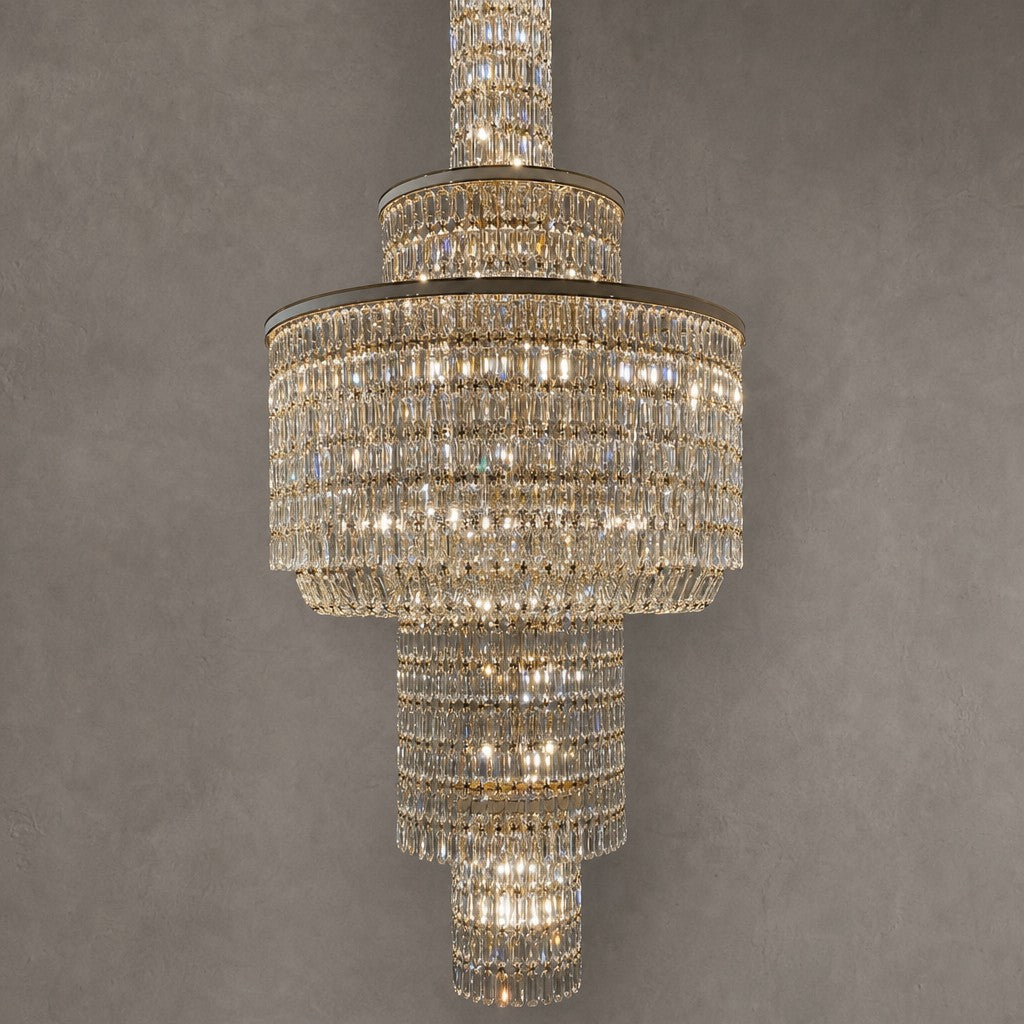 Extra Large Muti-tiered Round Crystal Chandelier with White Leather for High-ceiling