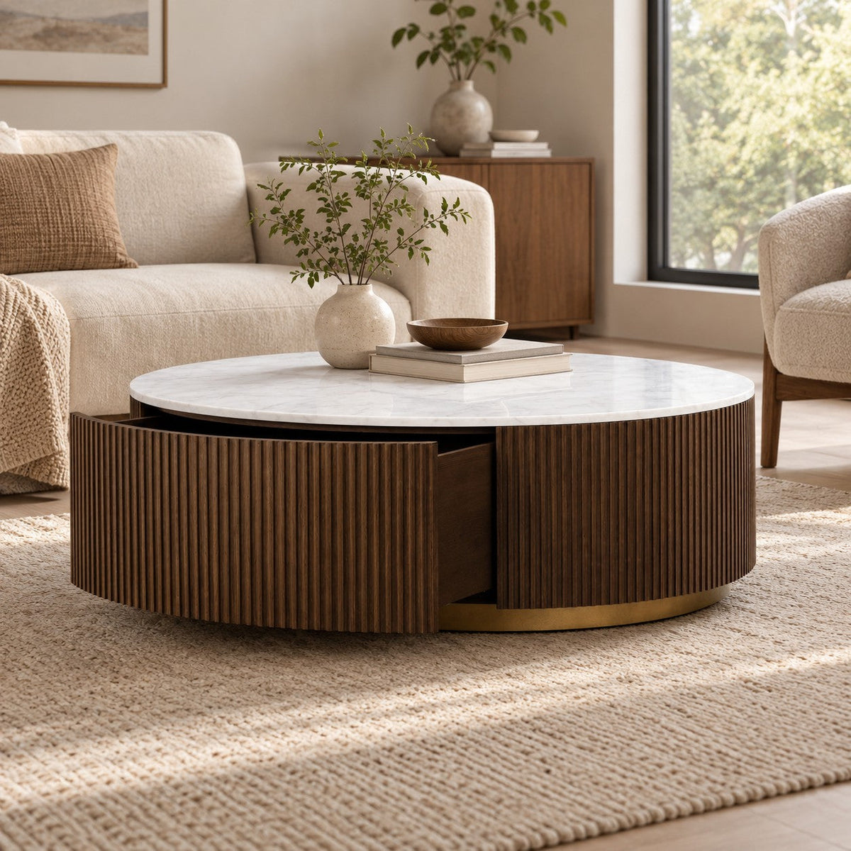 Reeded Oak Round Storage Coffee Table