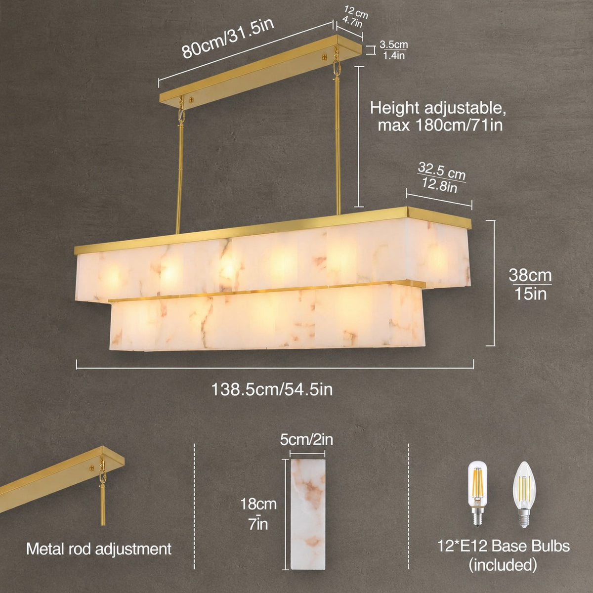 2-Tier Rectangle Alabaster Chandelier 54"L