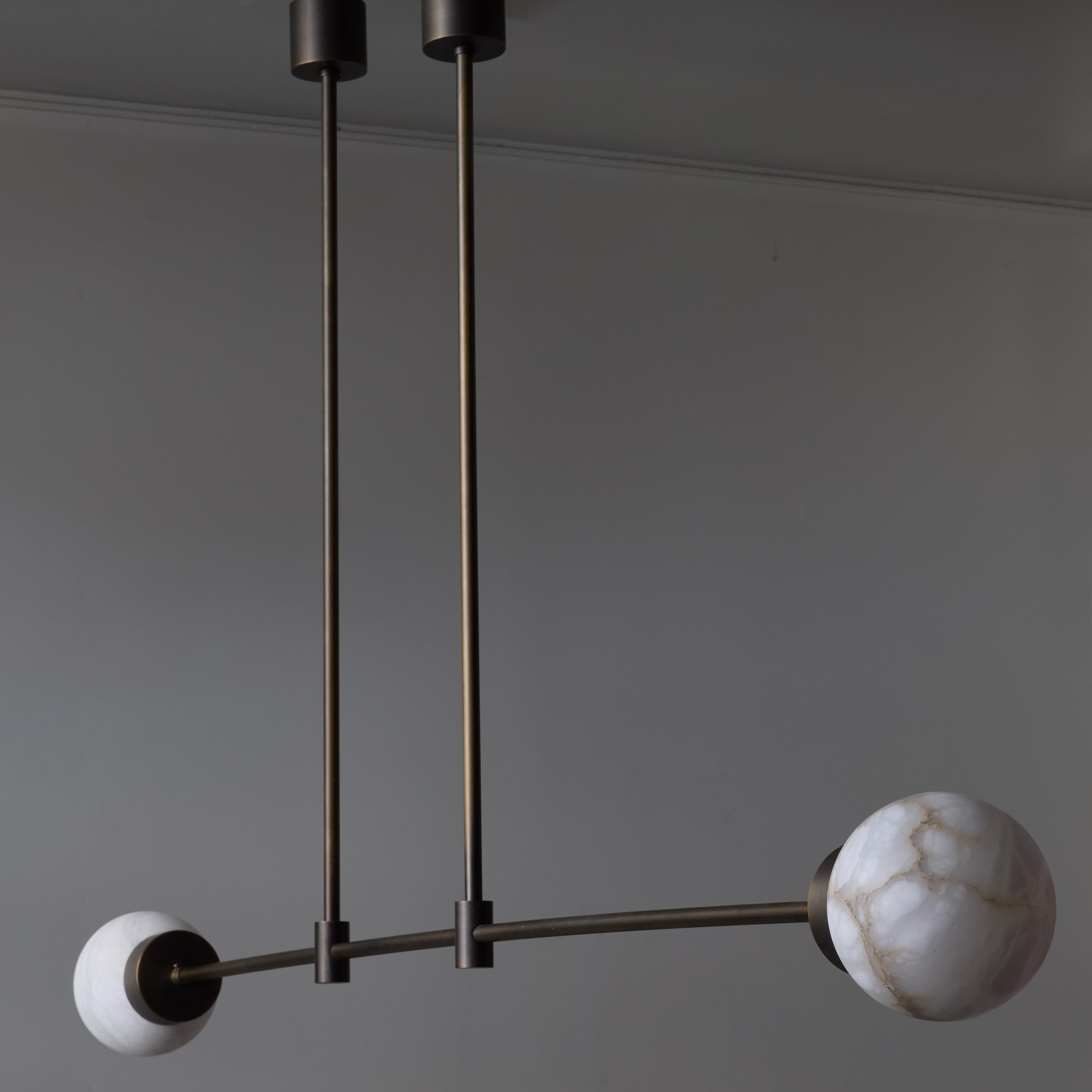 Brass and Alabaster Globes Asymmetrical Line Chandelier