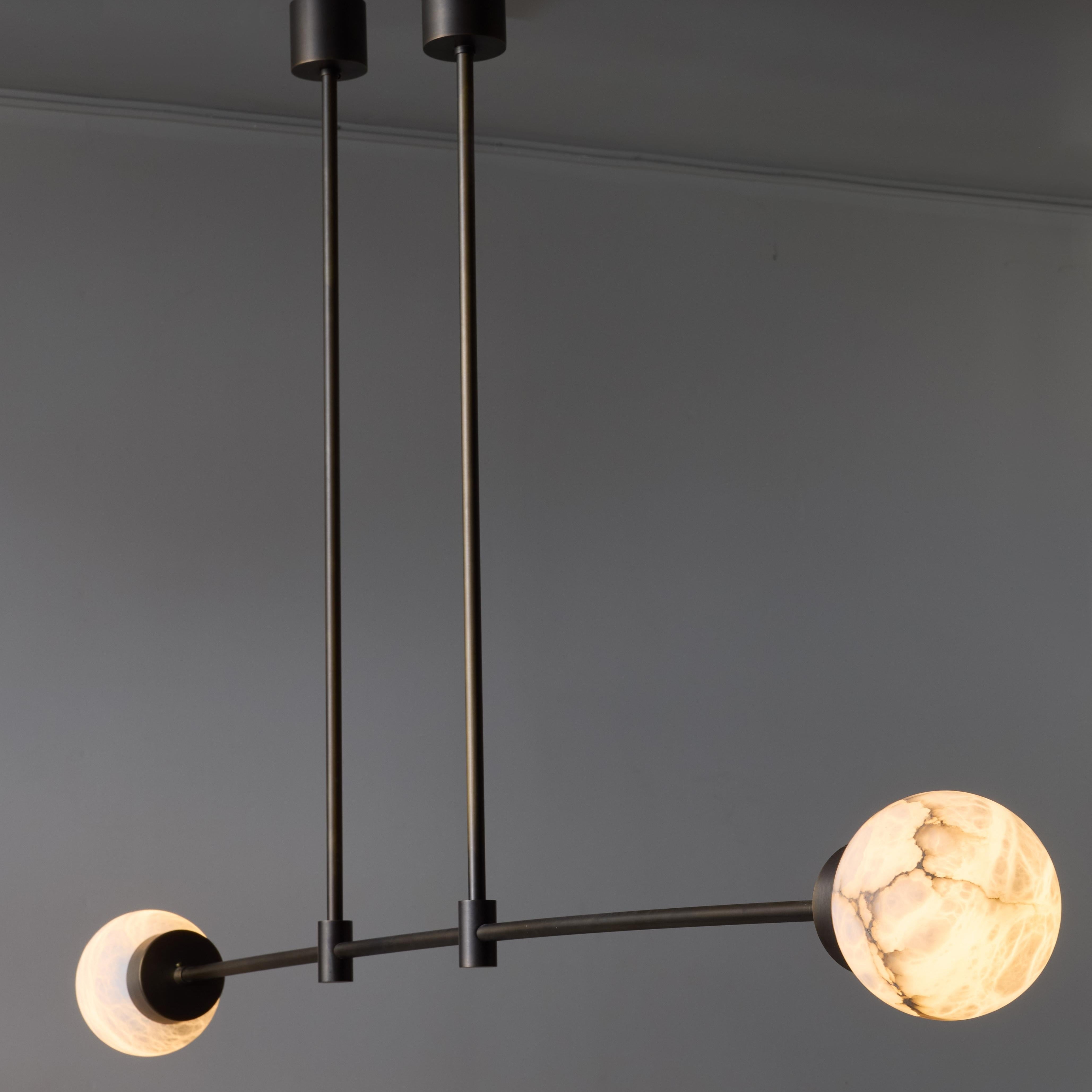 Brass and Alabaster Globes Asymmetrical Line Chandelier