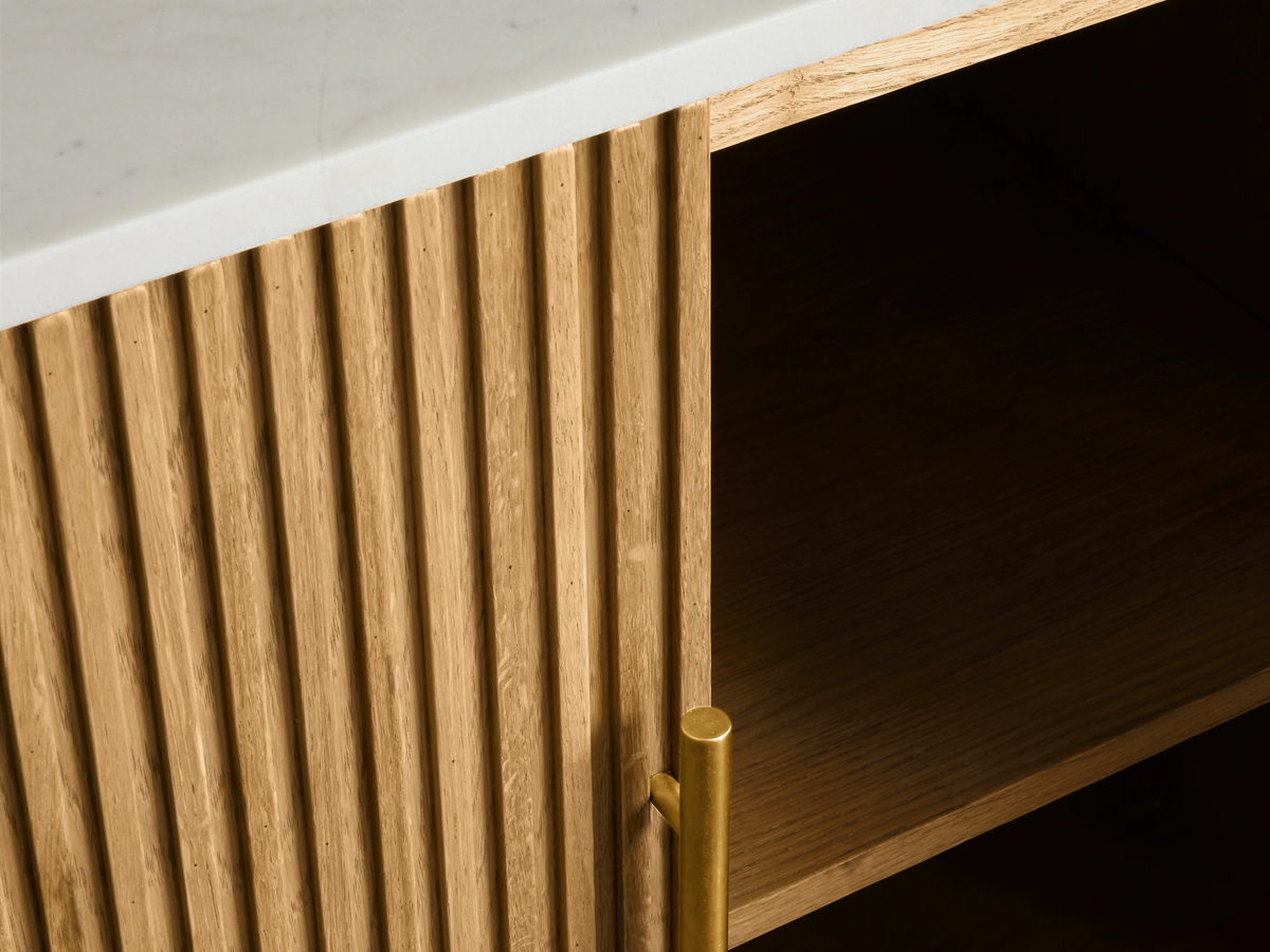 Reeded Wood and Stone Top Credenza