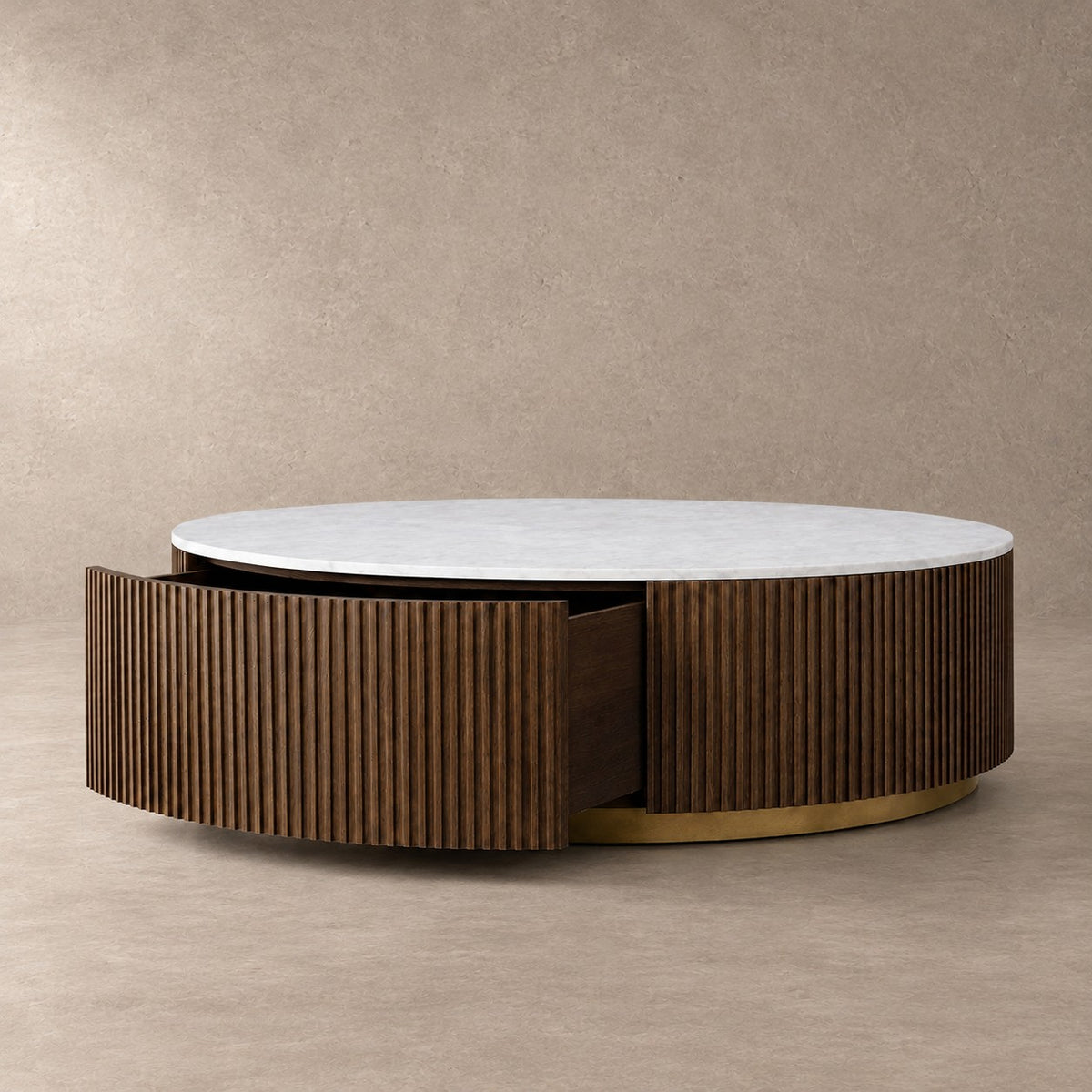 Reeded Oak Round Storage Coffee Table