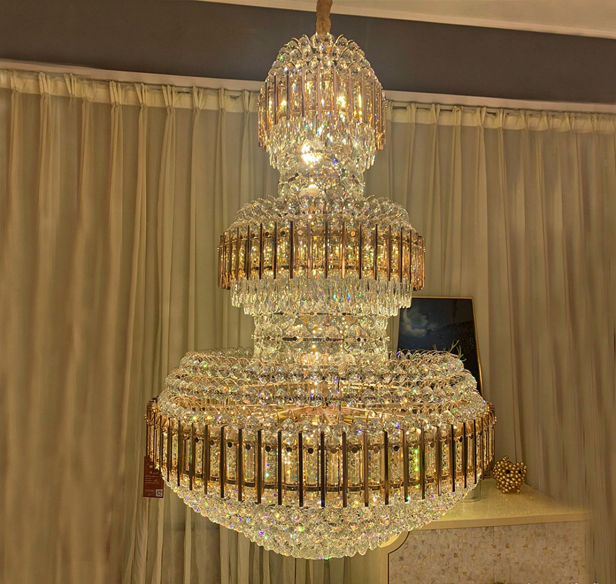 Golden Era Grand Cascade Amber&Clear Crystal Chandelier for High-ceiling