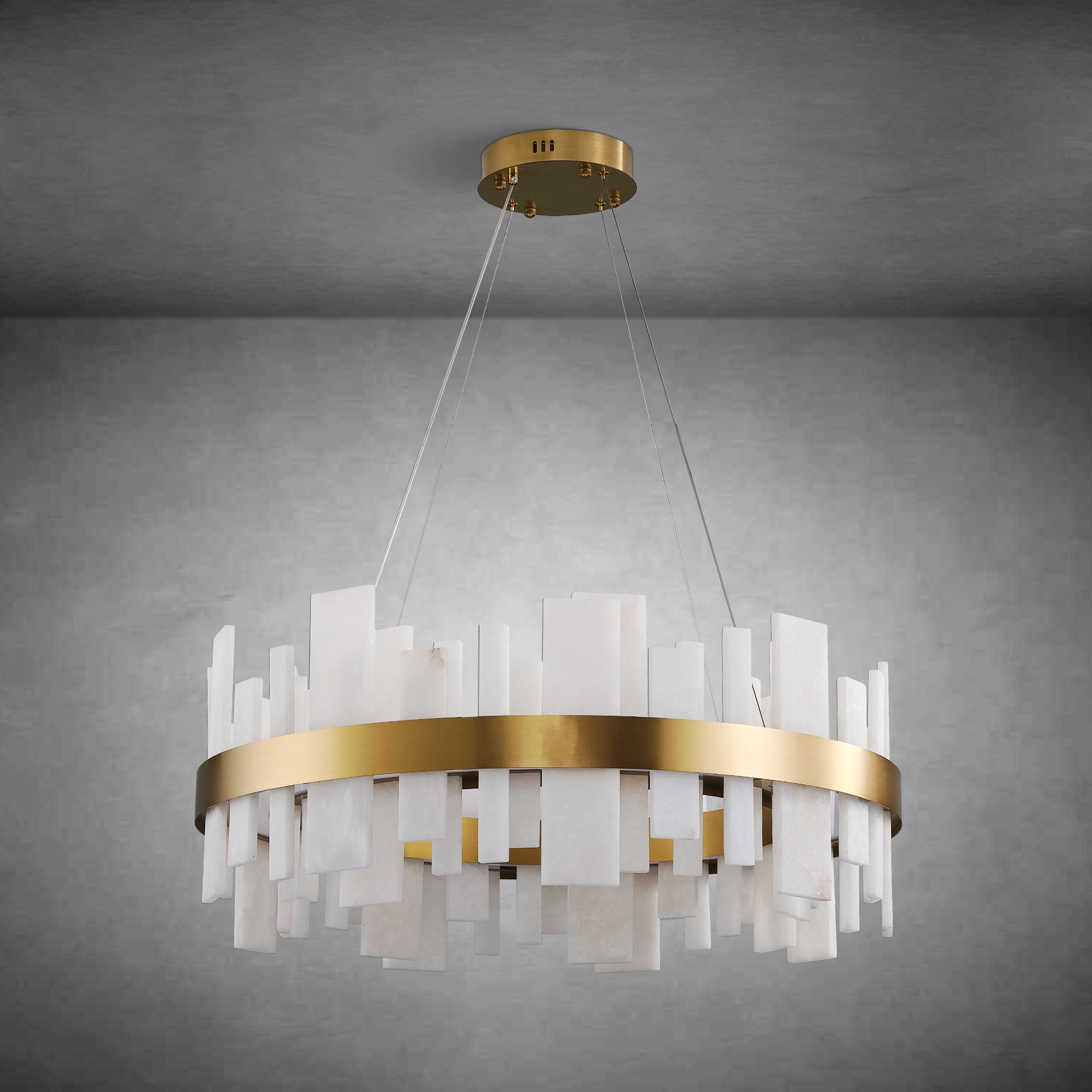 Alabaster Round Chandelier, Natural Spanish Stone Texture Chandeliers, 31.5" Adjustable Alabaster Chandelier Over Table for Living Room, Bedroom, Hallway – Modern Luxury Ceiling Lighting