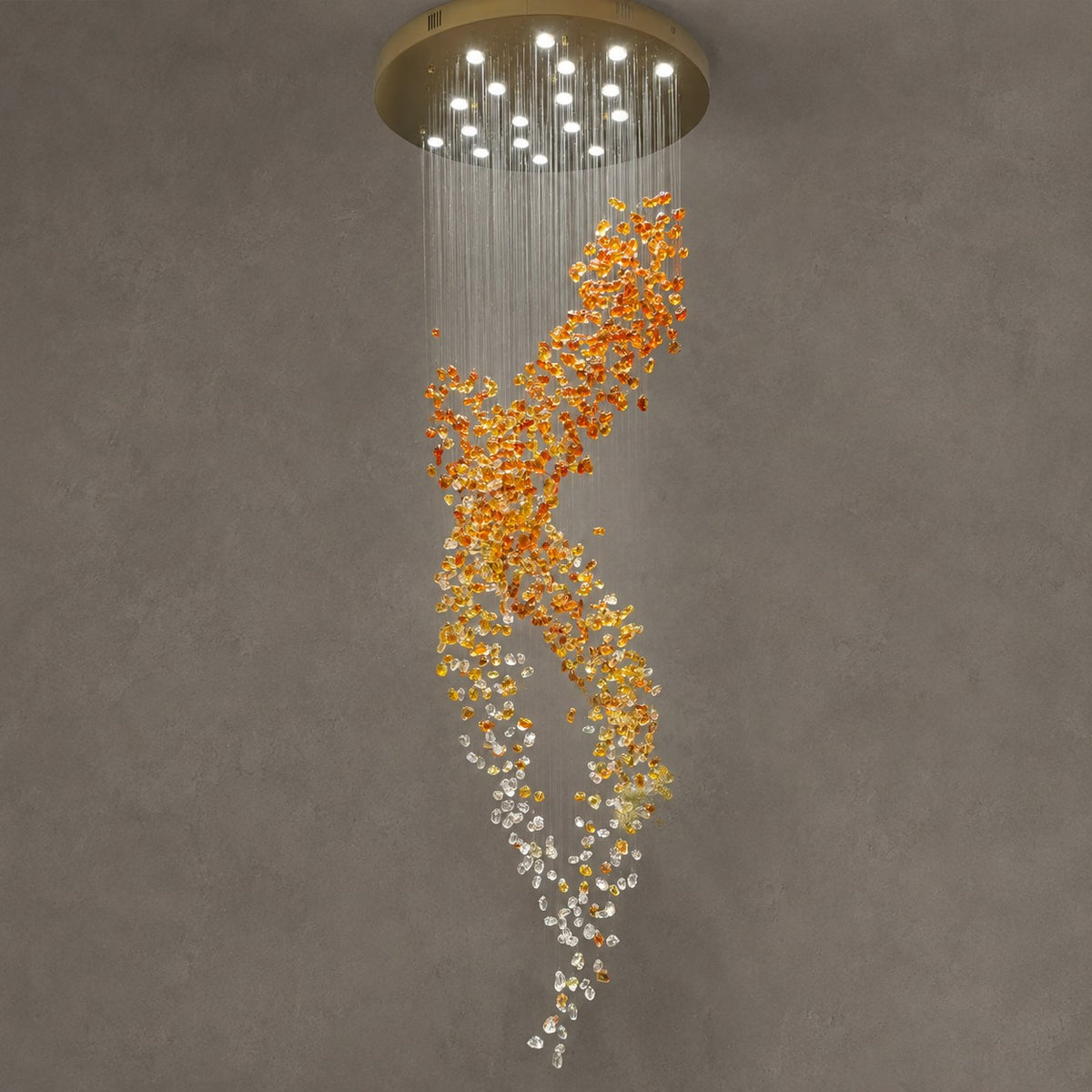 Modern Cascading Spiral Orange Glazed Glass Stone Chandelier for High Ceiling