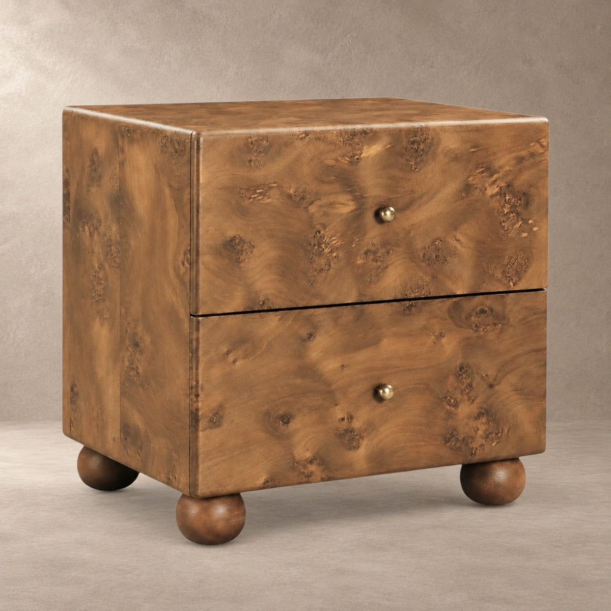 Burl Wood Bedside Table with Brass Accents