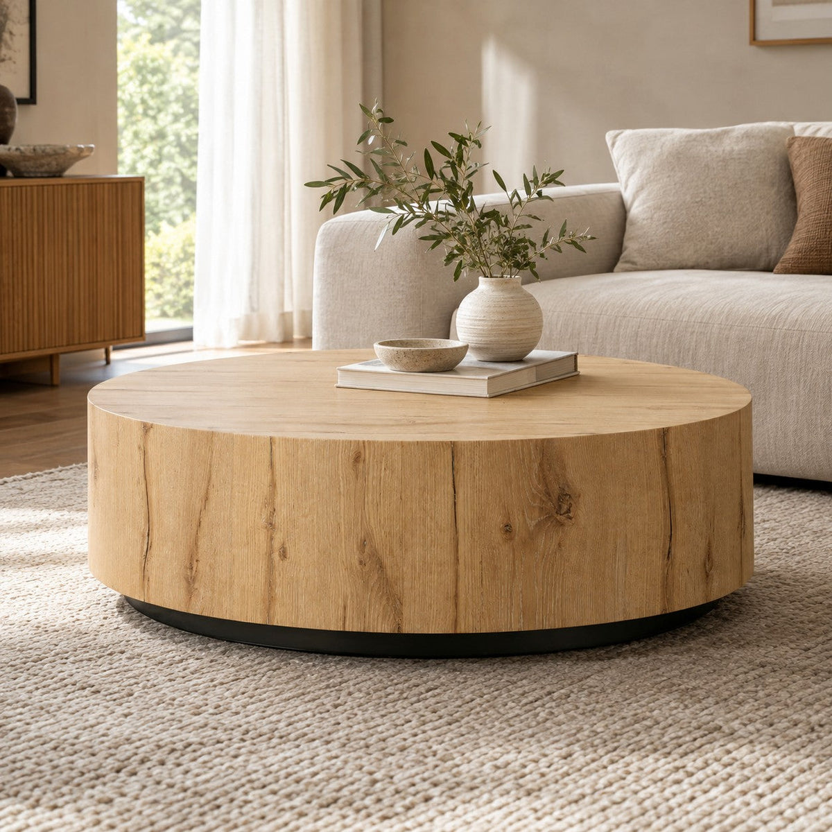 Oak Wood Round Plinth Coffee Table