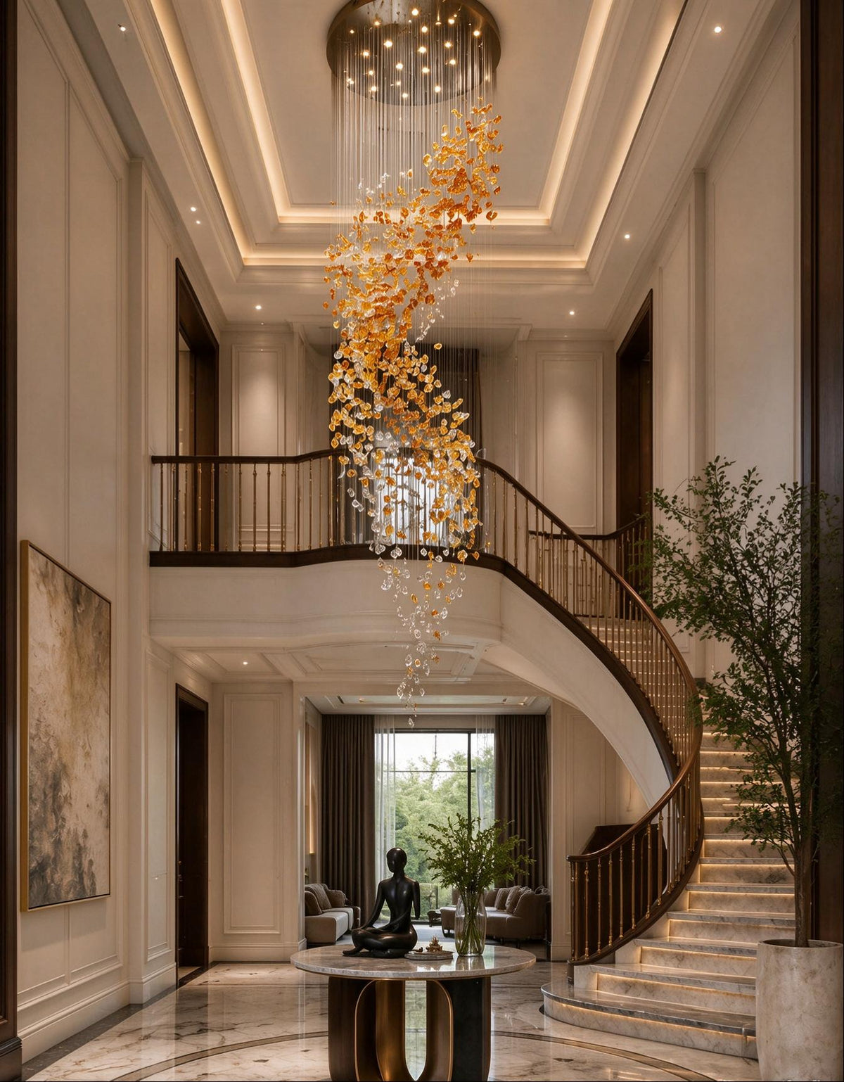Modern Cascading Spiral Orange Glazed Glass Stone Chandelier for High Ceiling