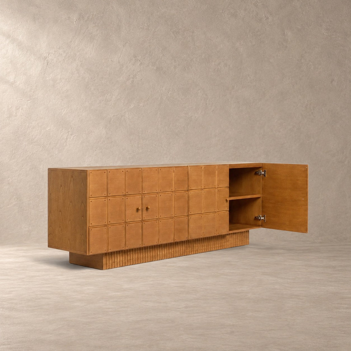 Artisanal Wood Storage Console with Fluted Geometric Plinth