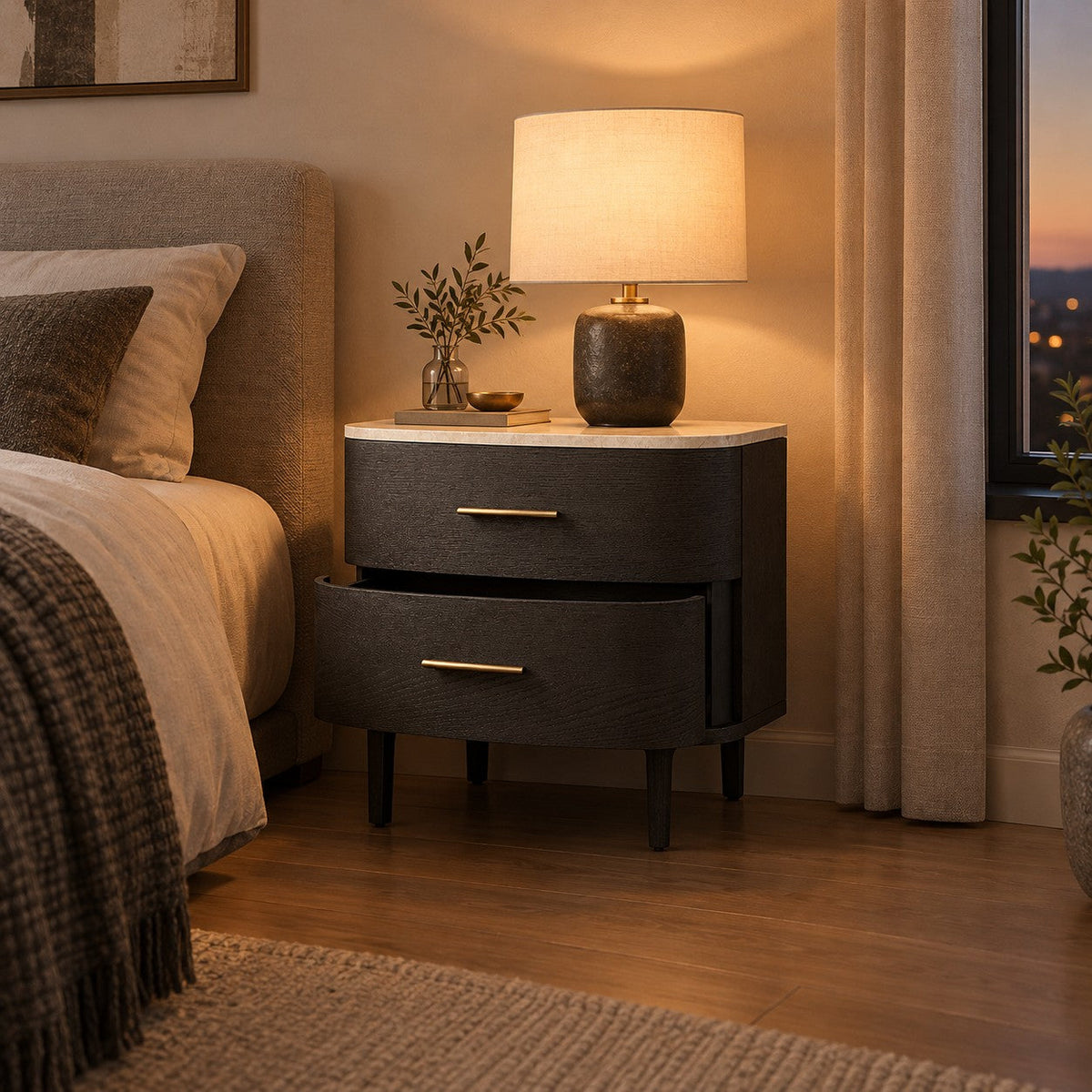 Two-Drawer Marble Top Bedside Table With Brass Pulls