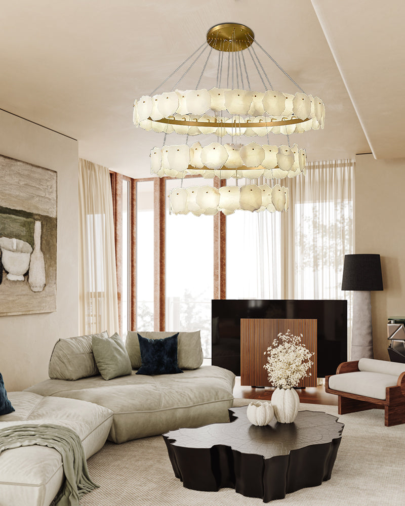 3-Tier Stairwell Alabaster Disk Chandelier with Long Cord