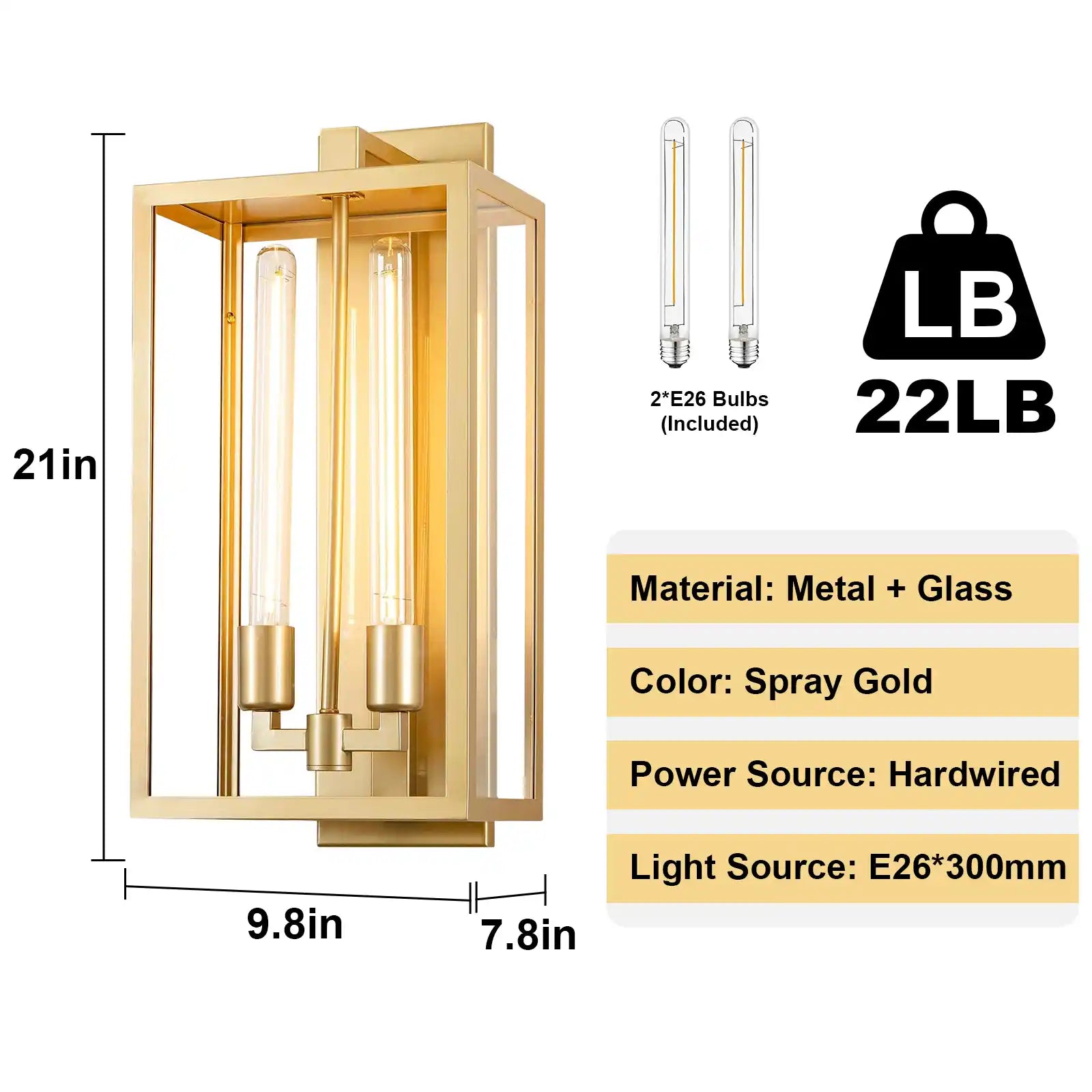 21" Gold Outdoor Wall Sconce with Glass Shade