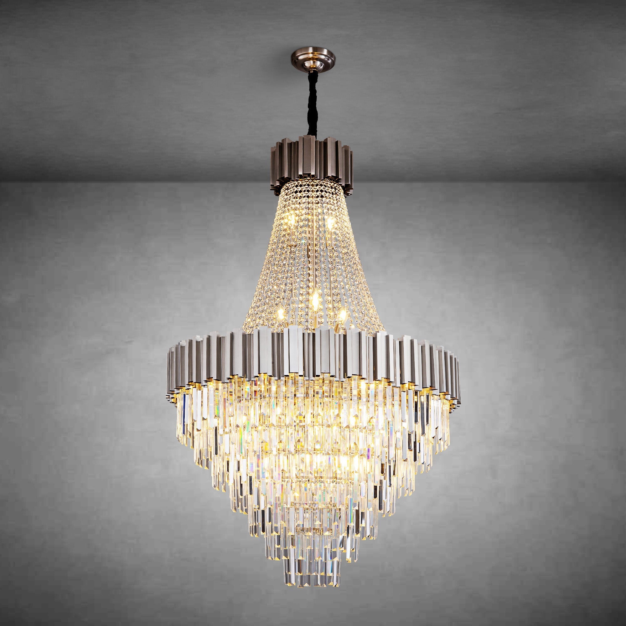 Inverted triangle crystal round pendant light