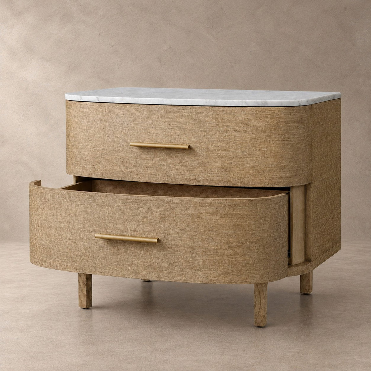Two-Drawer Marble Top Bedside Table With Brass Pulls