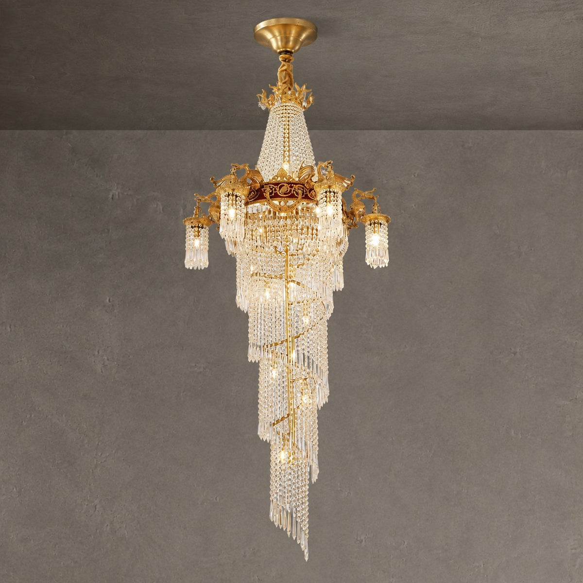 Extra Large Retro Luxury Full Copper Crystal Chandelier for Staircase/ Duplexes/ Villas
