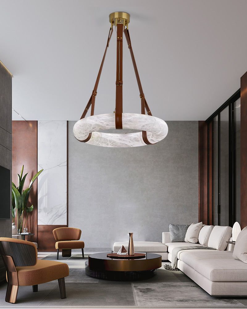 Oval Alabaster LED Large Pendant lamp with adjustable leather, Dia 16/24"