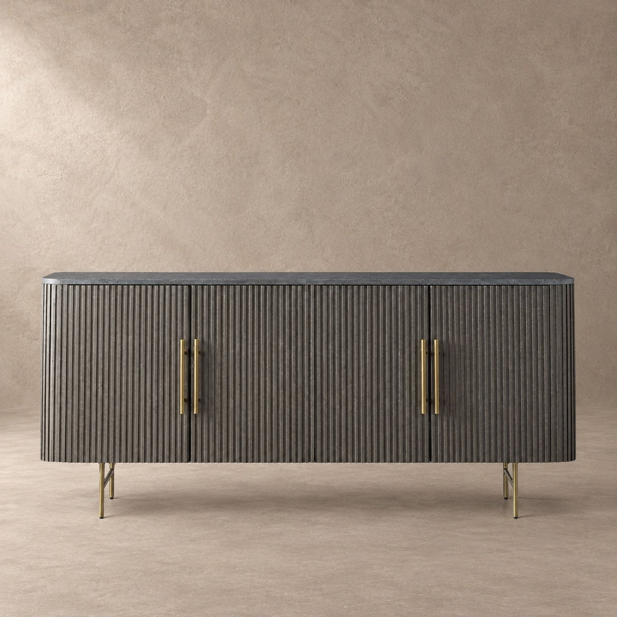 Reeded Wood and Stone Top Credenza
