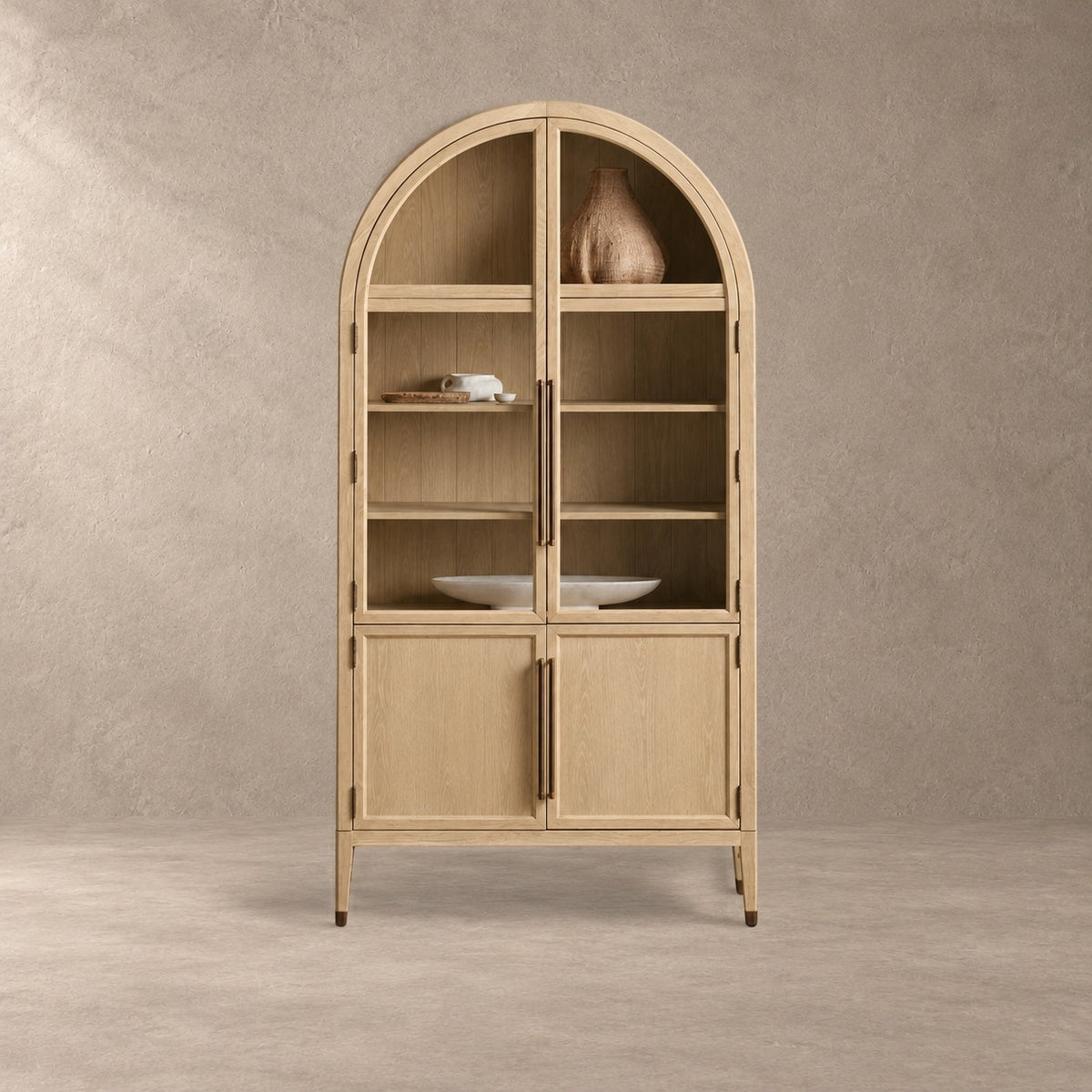 Tall Oak Display Cabinet with Glass Doors