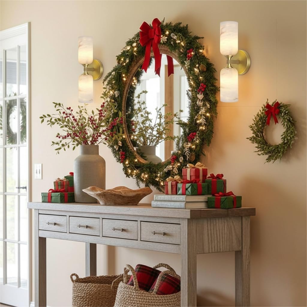 Elegant Alabaster Wall Sconce with Brass Finish 14in