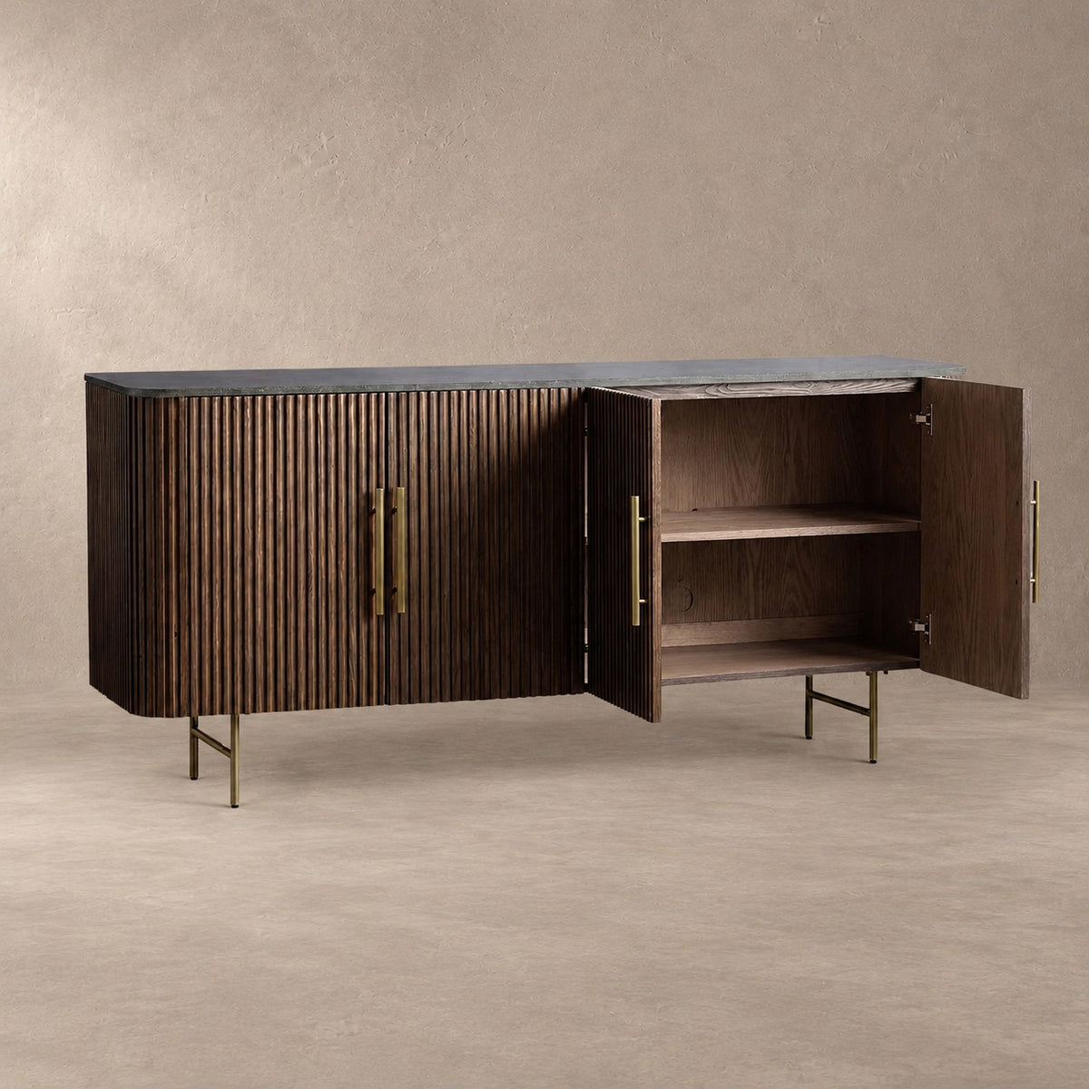 Reeded Wood and Stone Top Credenza