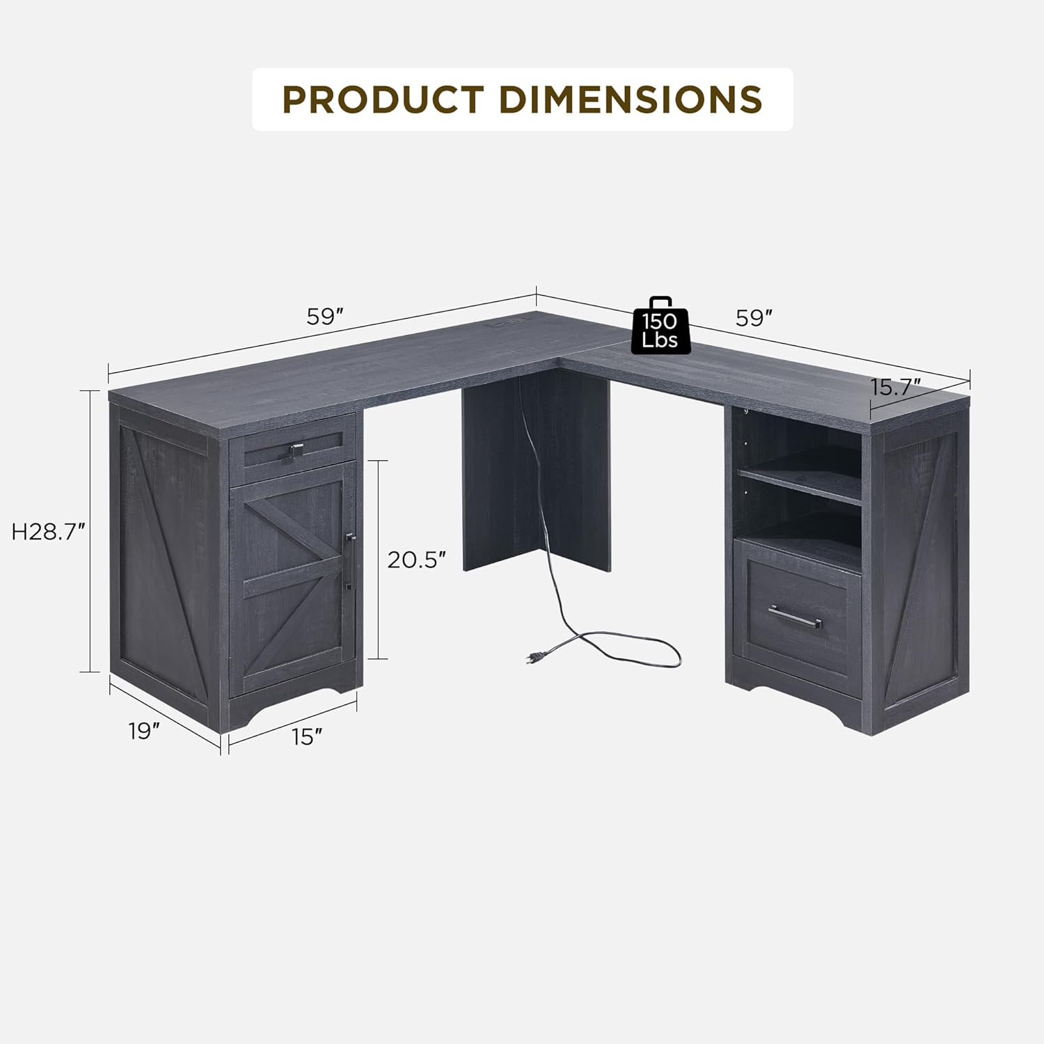59-inch Farmhouse Computer Desk with File Cabinet - Cool Black