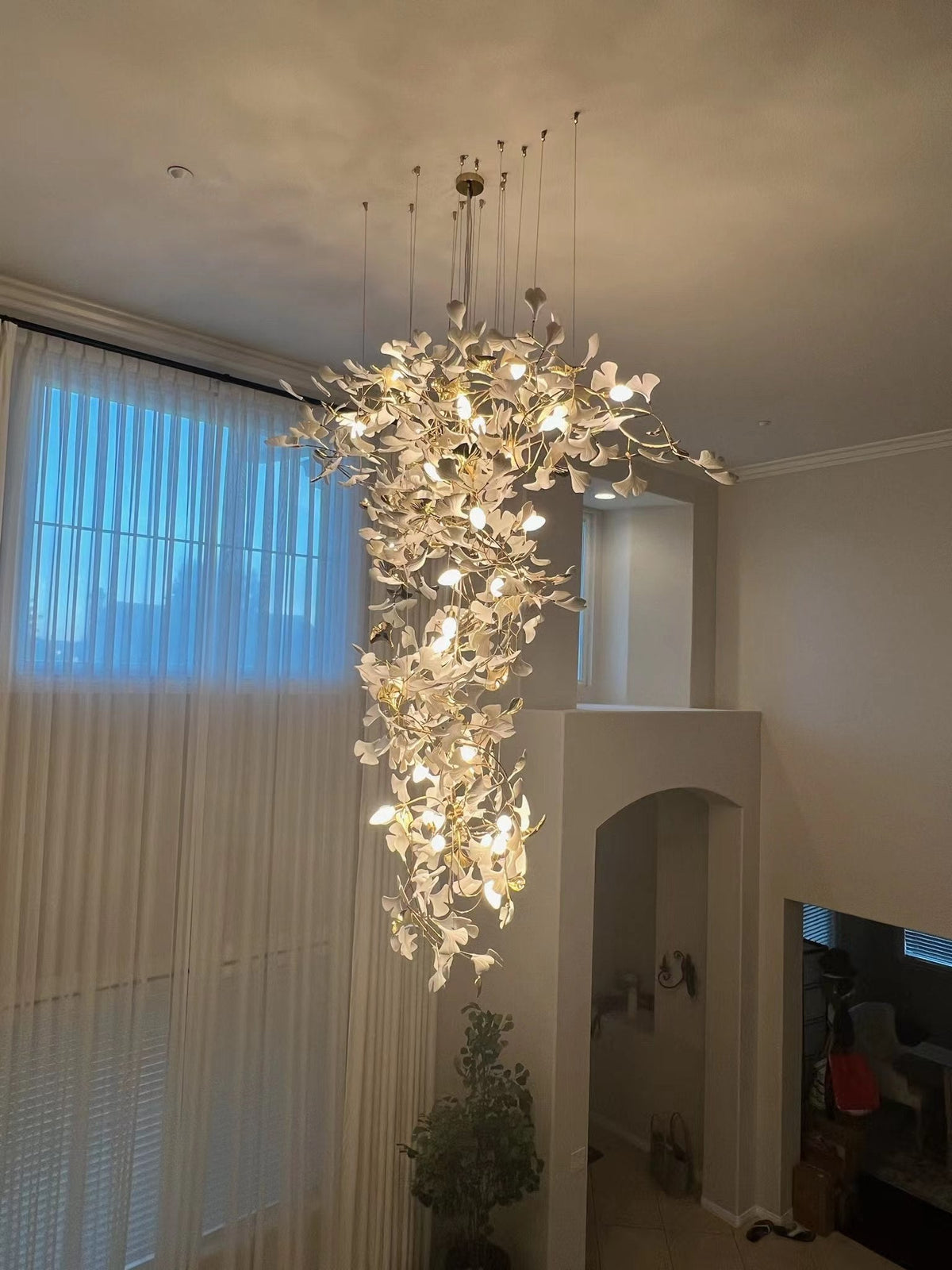Extra Large Ceramics Ginkgo Leaves Twig Chandelier for High Ceiling Living Room/Hotel Hall