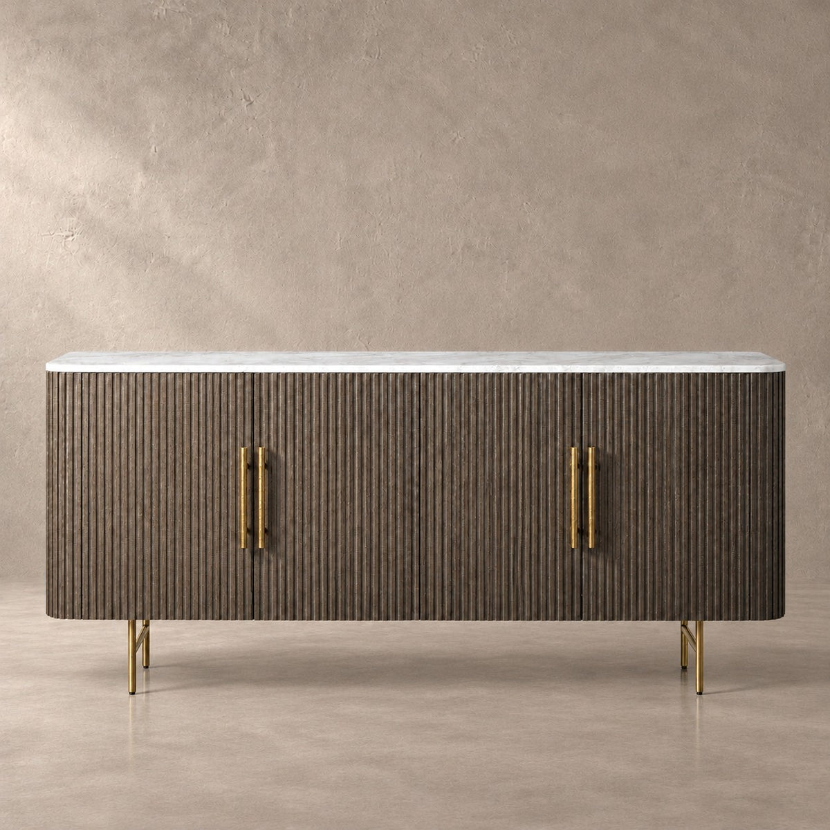 Reeded Wood and Stone Top Credenza