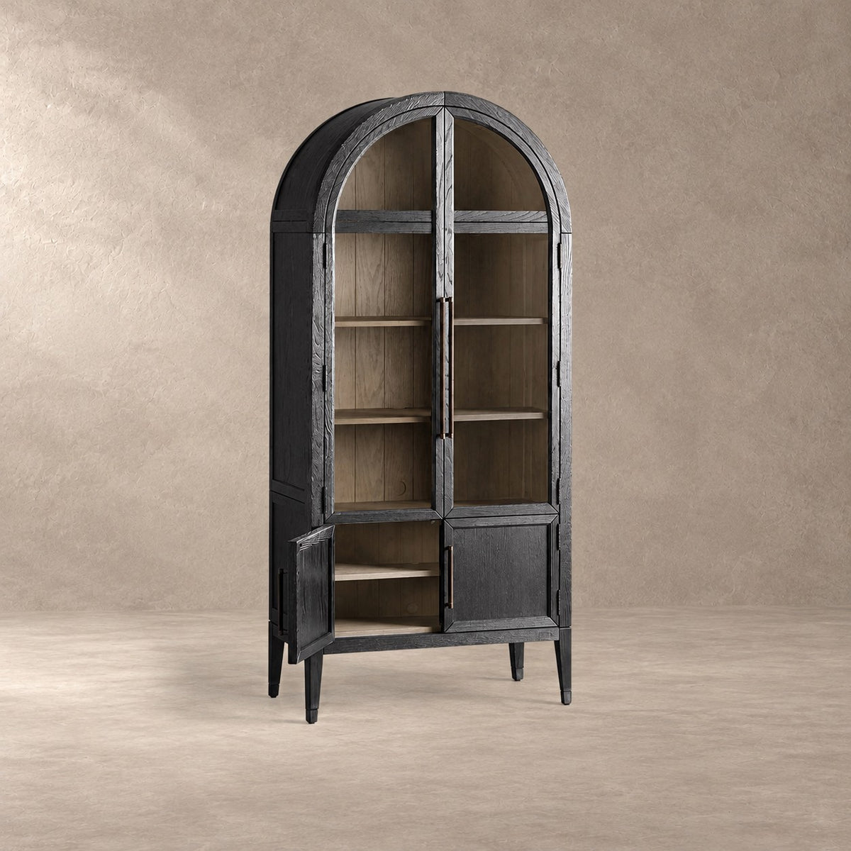 Tall Oak Display Cabinet with Glass Doors