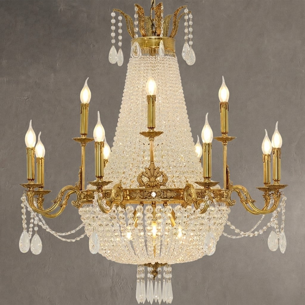 8/12/15 Lights Decorative Empire Brass Candles Crystal Chandelier Romantic Foyer Living Room Ceiling Light Fixture in Pure Copper Finish