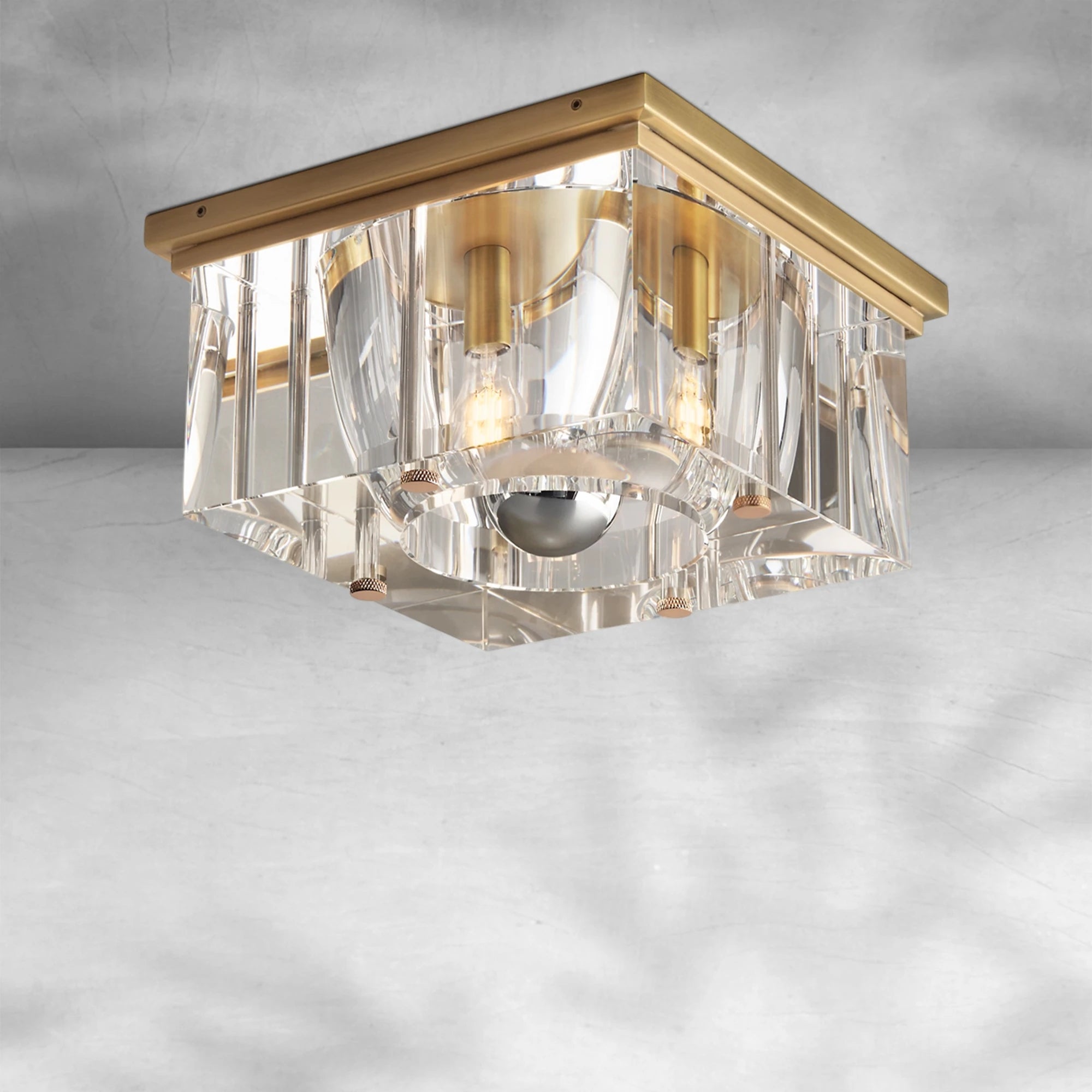 Exquisite Sable Square Crystal Flushmount Ceiling Light Brass & K9 Glass