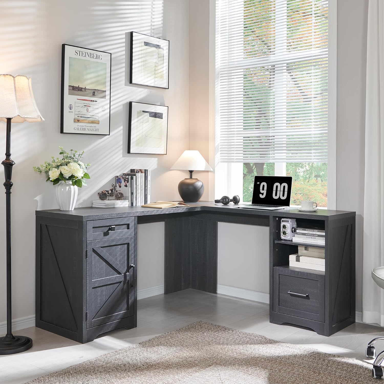 59-inch Farmhouse Computer Desk with File Cabinet - Cool Black